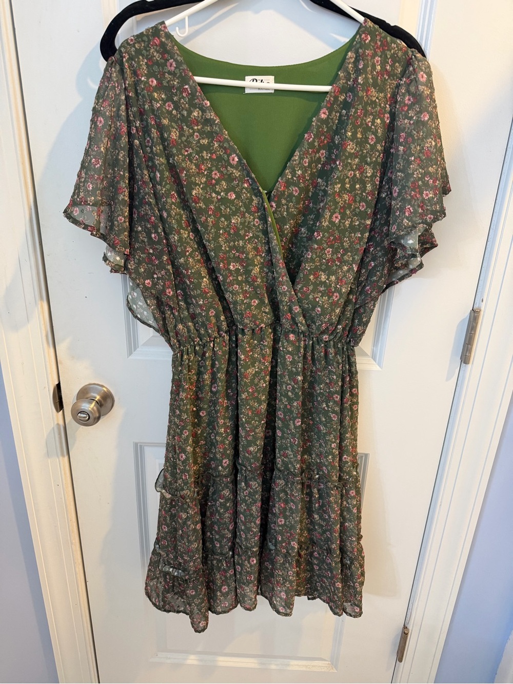 Pulse Olive Green Floral Mini Dress with Pink Buds